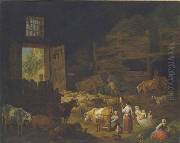 Cows, Sheep, And Other Animals In A Barn Interior, With Peasants Resting In The Foreground Oil Painting by Jan Peeter Verdussen