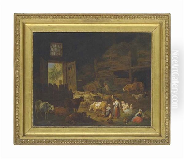 Cows, Sheep, And Other Animals In A Barn Interior, With Peasants Resting In The Foreground Oil Painting by Jan Peeter Verdussen