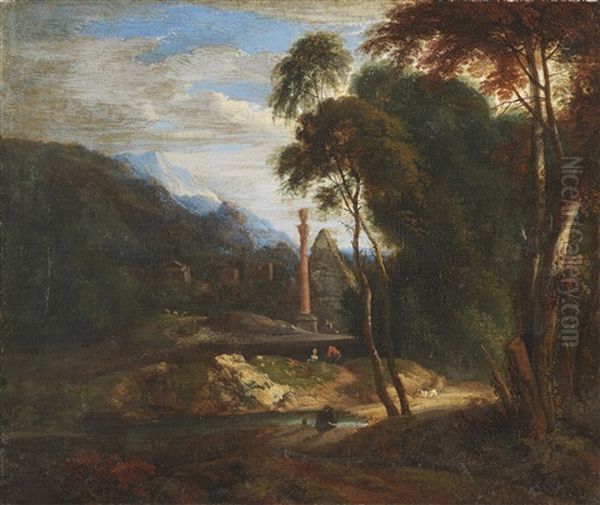 Italienische Landschaft Mit Saule, Ruinen Und Personenstaffage Oil Painting by Jan Peeter Verdussen