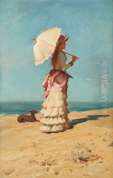 Elegante Et Son Chien Sur La Plage Oil Painting by Eugene Verdyen