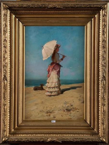 Elegante A L'ombrelle Sur La Plage Oil Painting by Eugene Verdyen