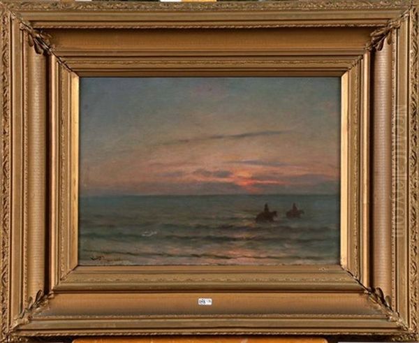 Pecheurs De Crevettes Au Coucher Du Soleil Oil Painting by Eugene Verdyen