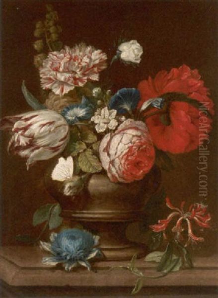 Blumenstilleben Mit Schmetterling, Rosen, Tulpen, Nelken Und Andere Gartenblumen In Einer Vase Oil Painting by Cornelis Verelst