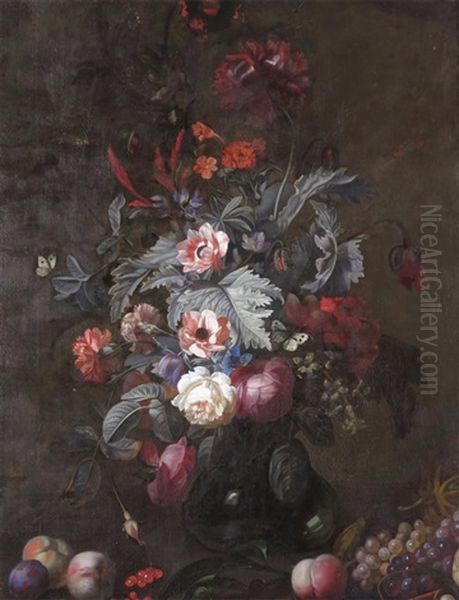 Still Life Of Flowers In A Vase With Fruit Oil Painting by Herman Verelst