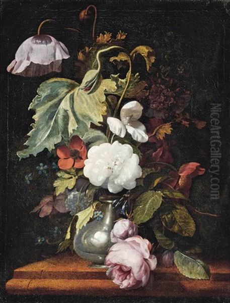 Roses, Peonies, Poppies And Other Flowers In A Vase On A Ledge Oil Painting by Herman Verelst