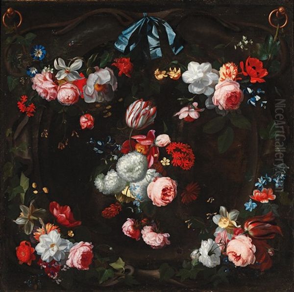 A Floral Garland Oil Painting by Herman Verelst