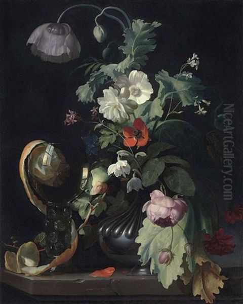 Roses, A Tulip, A Poppy And Other Flowers In A Vase And A Half-peeled Orange In A Roemer, On A Stone Ledge Oil Painting by Herman Verelst