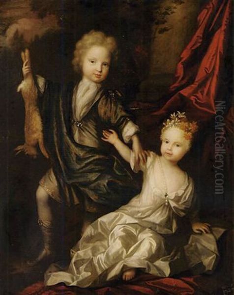 Double Portrait Of A Boy And A Girl Of The Lister Family, The Boy Holding A Hare In His Right Hand, The Girl In A White Dress With Flowers In Her Hair Oil Painting by Herman Verelst