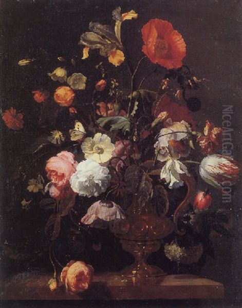 Flowers In A Vase With A Butterfly Oil Painting by Herman Verelst