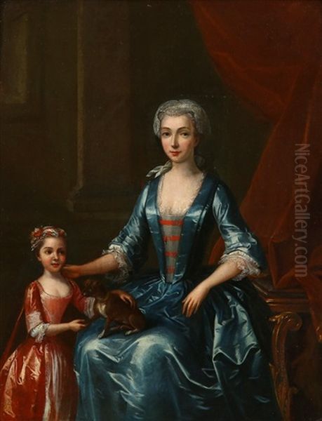 Portrait Of A Lady, In A Blue Dress, Seated In An Interior With A Young Girl Oil Painting by John Verelst