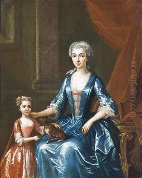 Portrait Of A Lady, Three-quarter-length, In A Blue Dress, With A Dog On Her Lap And A Child Standing By Her Side, In An Interior Oil Painting by John Verelst