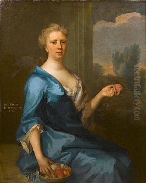 Portrait Of A Lady, Said To Be Jane, Wife Of Thomas Aynscombe, Seated In A Blue Dress And Holding A Dish Of Peaches Oil Painting by John Verelst