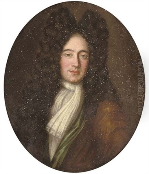 Portrait Of A Gentleman In A Brown And Green Robe, With A White Cravat Oil Painting by John Verelst