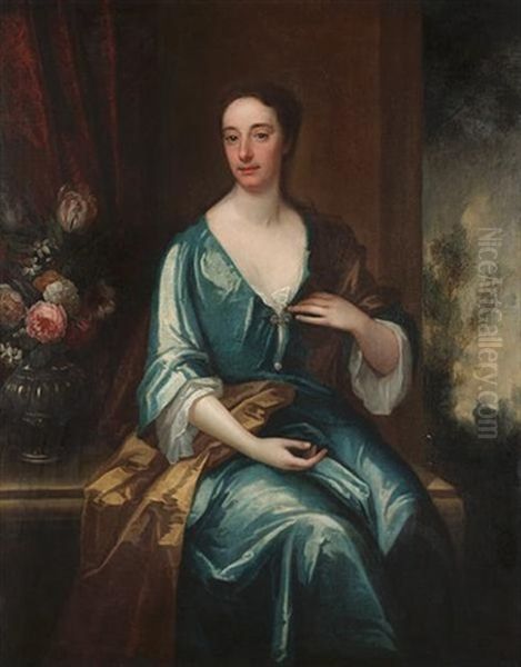 Portrait Of A Lady, Said To Be Baroness Cutts, In A Blue Dress With A Vase Of Flowers On A Draped Table Beside Her Oil Painting by John Verelst