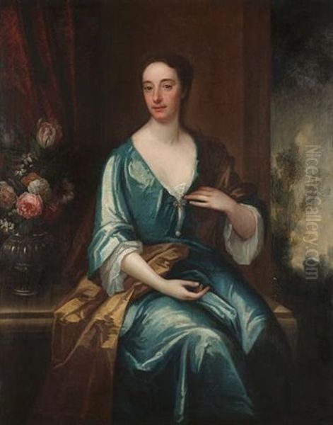 Portrait Of A Lady (baroness Cutts?) In A Blue Dress With A Vase Of Flowers On A Draped Table Beside Her Oil Painting by John Verelst