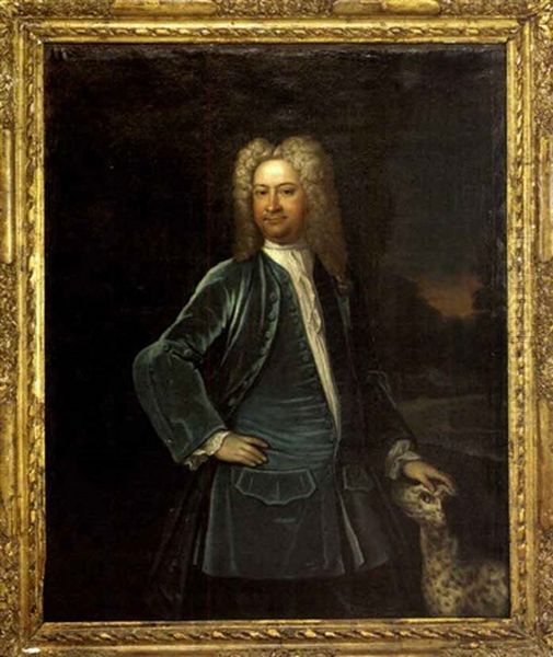 Portrait Of Ezekiel Wallis, In A Blue Coat And Waistcoat, A Dog By His Side Oil Painting by John Verelst