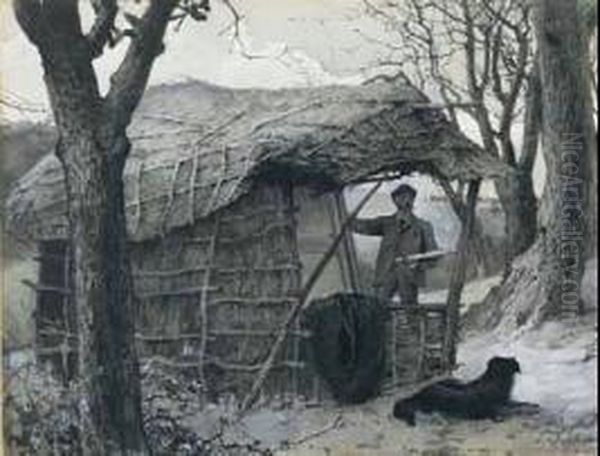 Sketching Under Shed,winter In The Country Oil Painting by Edward Frederick Brewtnall