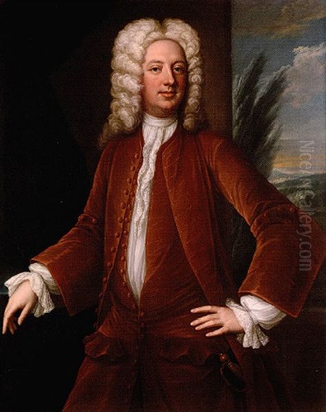 Portrait Of Richard Marriott Of Alscot Park, Gloucestershire, Wearing A Brown Coat, A Sword At His Side by John Verelst