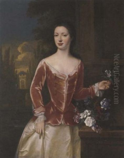 Portrait Of A Lady In A Pink Bodice And Oyster Satin Skirt, Holding A Sprig Of Orange Blossom In Her Left Hand, A Basket Of Flowers On A Ledge Beside Her, An Italianate Garden With A Fountain Beyond Oil Painting by John Verelst