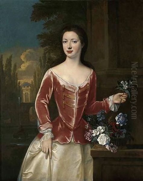 Portrait Of A Lady In A Pink Bodice And Oyster Satin Skirt, Holding A Sprig Of Orange Blossom, A Basket Of Flowers On A Ledge Beside Her, An Italianate Garden Beyond Oil Painting by John Verelst