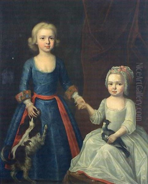 Portrait Of Two Young Girls With Pigeon And Dog Oil Painting by John Verelst