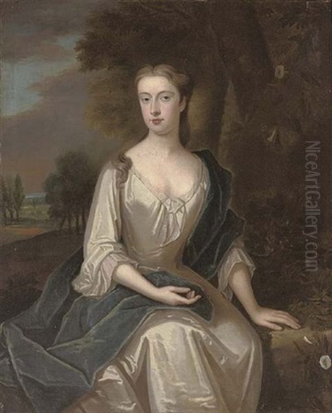 Portrait Of A Lady (mrs Chetham, Nee Mary Holt ?) In An Oyster Satin Dress And Blue Wrap Oil Painting by Maria Verelst