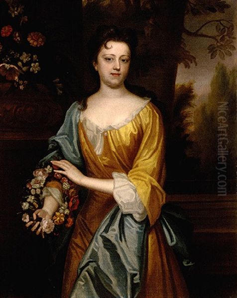 Portrait Of Miss Lowe (mrs. Richard Marriott?) Wearing A Yellow And White Dress, Holding A Wreath Of Flowers, An Urn Of Her Flowers Beside Oil Painting by Maria Verelst