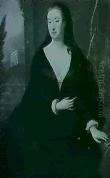 Portrait Of A Lady, Seated Three-quarter Length Wearing A   Black Dress And Cloak, A Country House And Garden Beyond Oil Painting by Maria Verelst