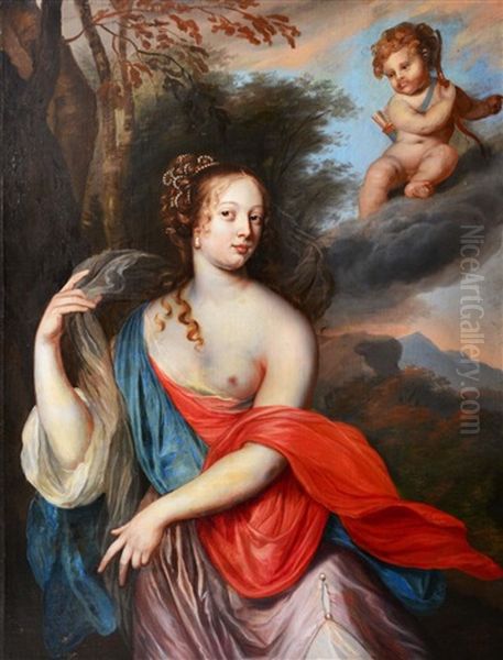 Portrait Of A Classical Maiden With Cupid In A Landscape Setting Oil Painting by Pieter Harmensz. Verelst