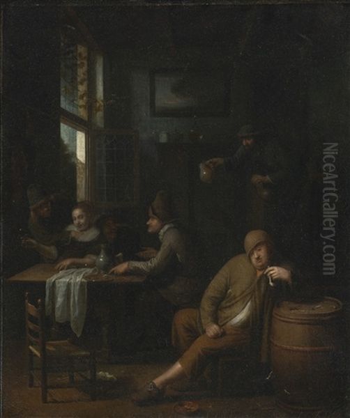 A Tavern Interior With Figures Drinking At A Table And A Man Smoking A Pipe by Pieter Harmensz. Verelst