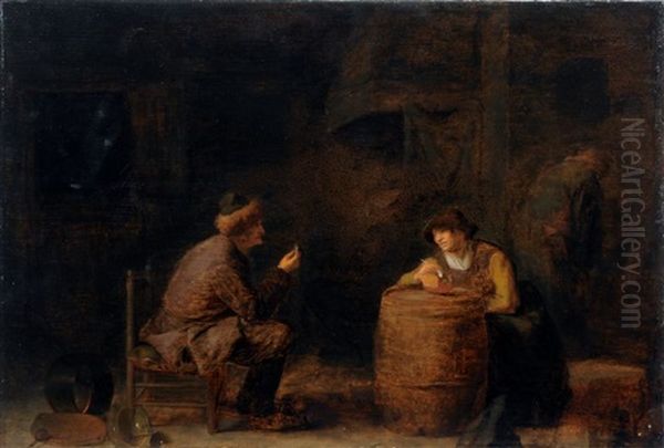 Ein Mann Bietet Einer Rauchenden Frau Eine Munze An Oil Painting by Pieter Harmensz. Verelst