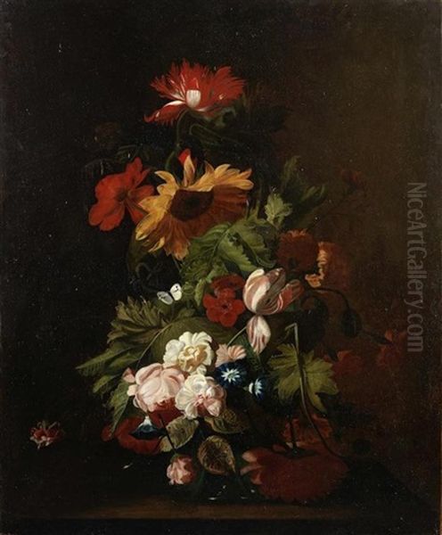 A Sunflower, Tulips, Roses And Other Flowers In A Glass Vase On A Table-top Oil Painting by Simon Pietersz Verelst