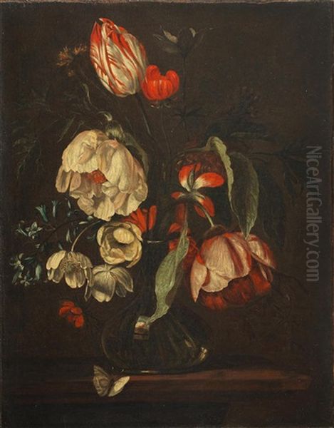 Tulips, Roses And Other Flowers In A Glass Vase On A Table-top Oil Painting by Simon Pietersz Verelst