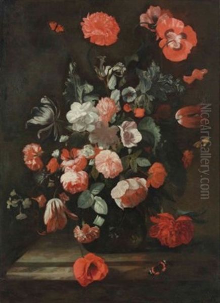 Peonies, Carnations, Tulips And Other Flowers In A Glass Vase, On A Stone Ledge Oil Painting by Simon Pietersz Verelst