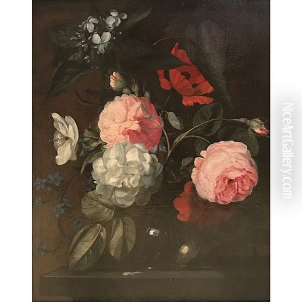 Bouquet De Fleurs Dans Un Vase De Verre Sur Un Entablement Oil Painting by Simon Pietersz Verelst