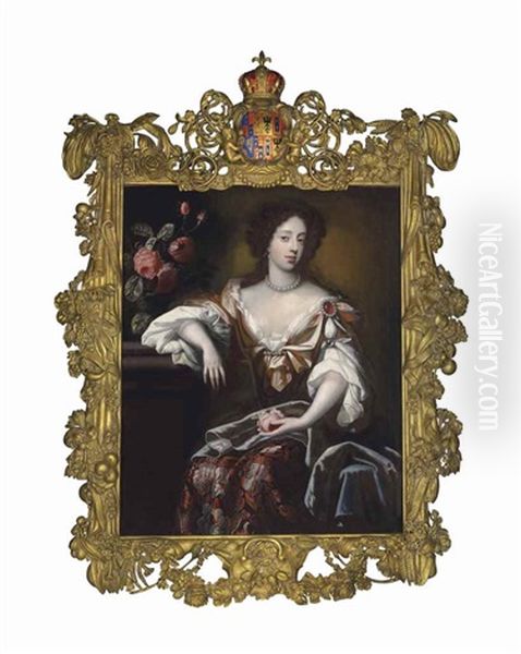 Portrait Of Mary Of Modena (1658-1718), Queen Of England, Three-quarter-length, Seated By A Bouquet Of Flowers Oil Painting by Simon Pietersz Verelst