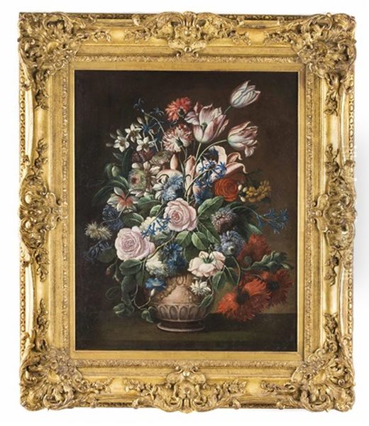 Blumenstillleben Mit Tulpen Und Rosen In Keramikvase Oil Painting by Simon Pietersz Verelst