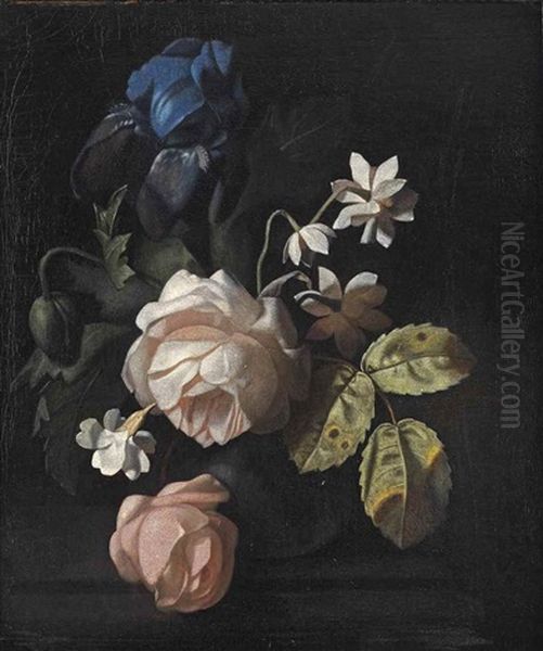 Roses, An Iris And Other Flowers In A Vase On A Ledge Oil Painting by Simon Pietersz Verelst