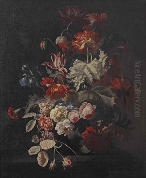 Dalias, Tulips, Blue Irises And Other Flowers In A Glass Vase On A Stone Ledge Oil Painting by Simon Pietersz Verelst