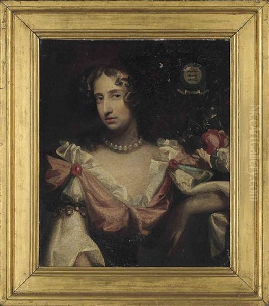 Portrait Of Mary Bertie, Wife Of The Hon. Charles Bertie, As Flora, In A Pink And Blue Dress With White Chemise And Wearing A Pearl Necklace And With Flowers Oil Painting by Simon Pietersz Verelst