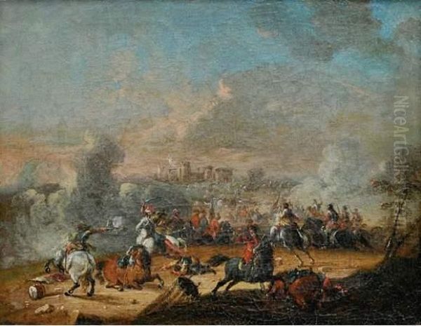 Combat De Cavalerie En Avant D'un Port Oil Painting by Carl Breydel