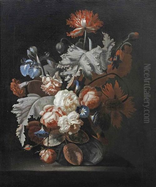 Roses, A Carnation, Morning Glory, Blue Irises And Other Flowers In A Glass Vase On A Stone Ledge Oil Painting by Simon Pietersz Verelst