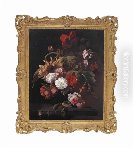 Carnations, Roses, Peonies, Tulips, And Poppies In A Glass Vase, All On A Wooden Ledge Oil Painting by Simon Pietersz Verelst