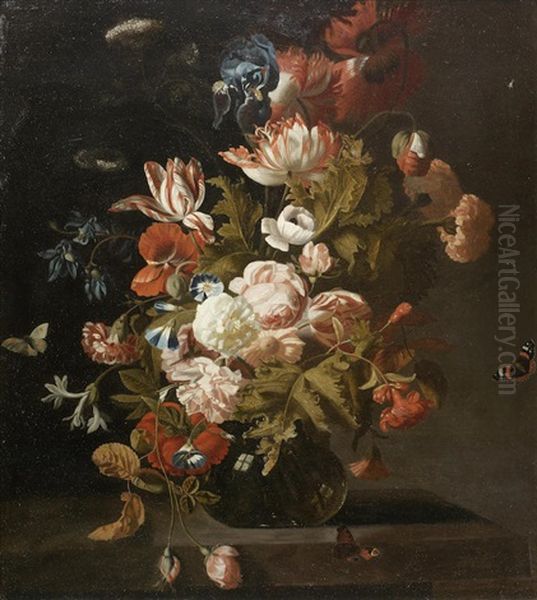 Tulips, Poppies, An Iris, Convolvuli And Other Flowers In A Glass Vase With Hovering Butterflies Oil Painting by Simon Pietersz Verelst