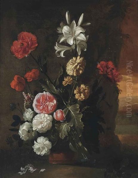 Lillies, Roses, Poppies And Chrysanthemums In A Vase, Landscape Beyond Oil Painting by Simon Pietersz Verelst