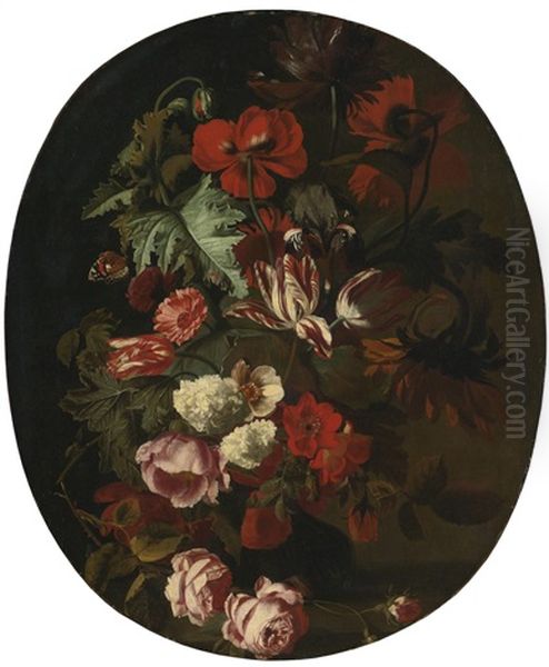 Roses, Tulips, Hydrangea And Other Flowers In An Urn With Butterflies Oil Painting by Simon Pietersz Verelst