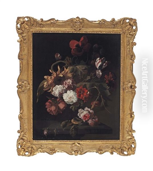 Carnations, Roses, Peonies, Tulips, And Poppies In A Glass Vase, All On A Wooden Ledge Oil Painting by Simon Pietersz Verelst