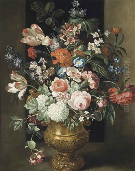 Roses, Parrot Tulips And Other Flowers In A Sculpted Urn On A Ledge Oil Painting by Simon Pietersz Verelst