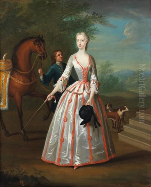 Portrait Of Elizabeth Horton, Full-length, In A Silver And Red Riding Habit, Standing In A Landscape With Her Horse, Dogs And A Groom Oil Painting by William Verelst