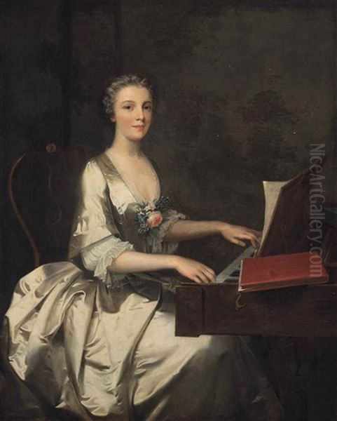 Portrait Of A Lady, Three-quarter-length, In A White Silk Dress, Seated Playing A Clavichord Oil Painting by William Verelst